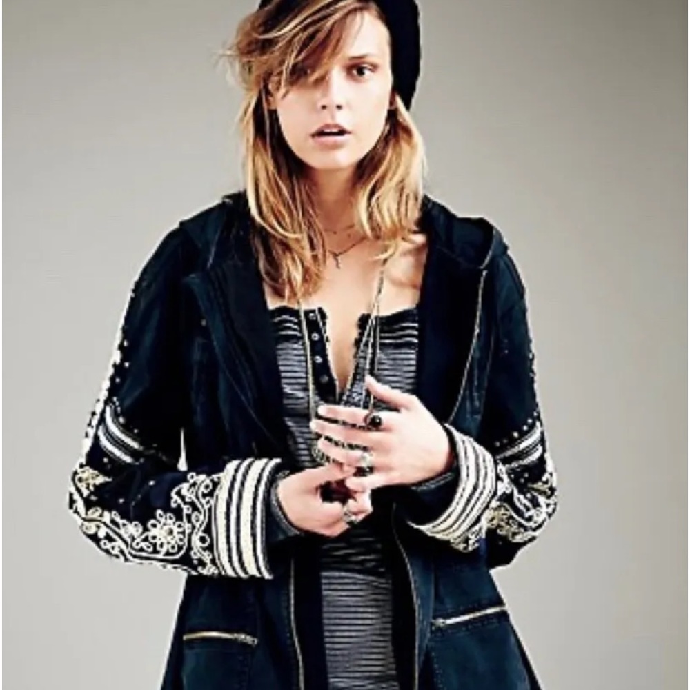 Free People Military Quills Golden Jacket Hood Embellished Black Gold - Picture 1 of 8